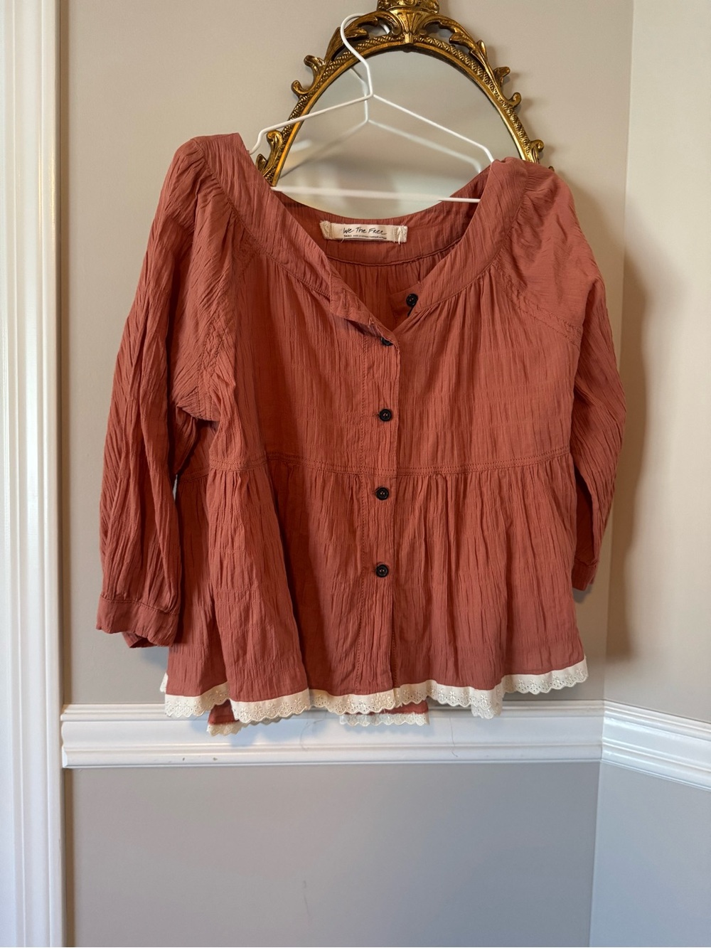 We The Free Washed Rust Button-Front Peasant Blouse with Lace Trim